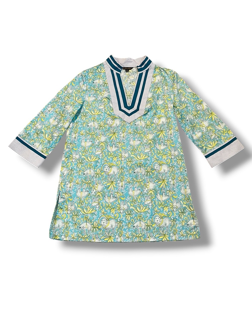 Brooks Brothers Tunic Small Logo Sheep Print Preppy Coastal Pima Cotton Aqua